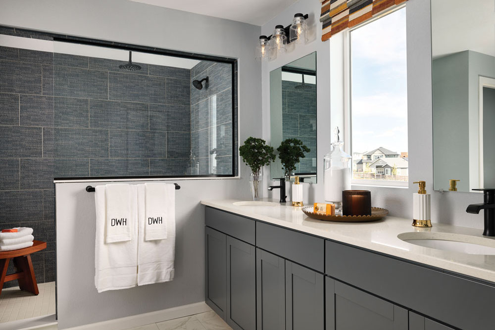 A luxurious master bathroom with spacious tiled shower and vanity