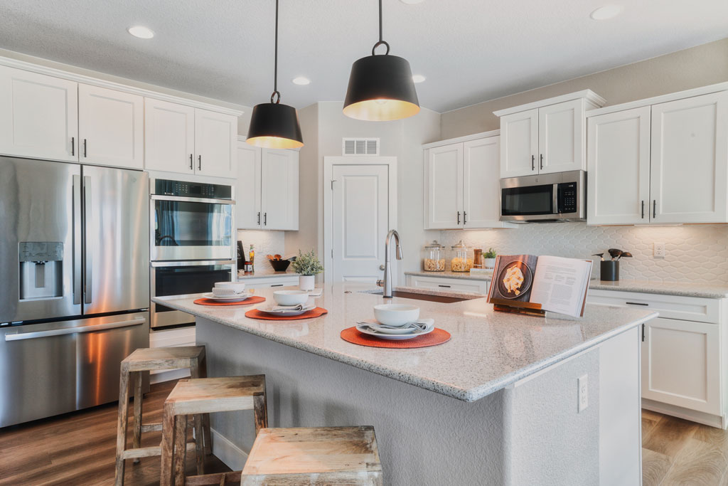 Interior view on open concept kitchen layout